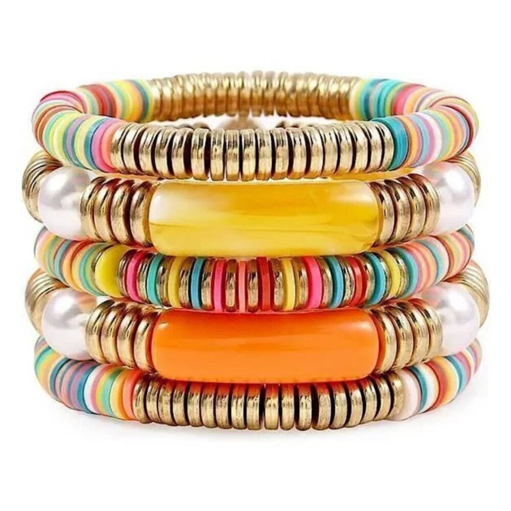 Vibrant Multi-Color Disk Bead Bracelet Bundle Stretch Fit Summer Jewelry